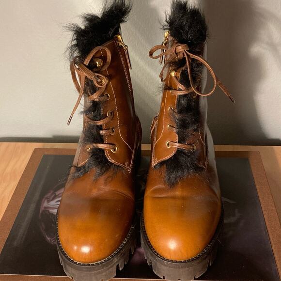 Prada Tobacco Burnished Leather Fur Combat Boot Orig $1400 Sz 38 / 7.5 8~ Mint - Picture 2 of 12